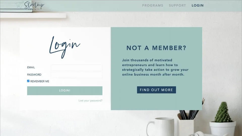 Screenshot of the Startup Society login page