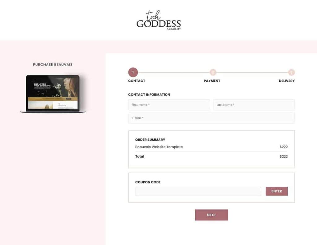 Screenshot of Tech Goddess Academy order form using AccessAlly