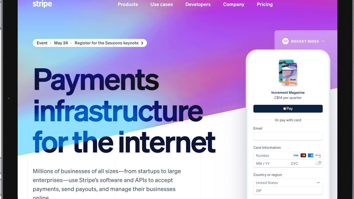 stripe home page on a tablet