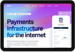 stripe home page on a tablet