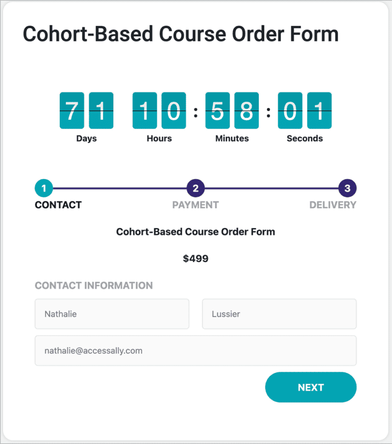 Screenshot of order form for course