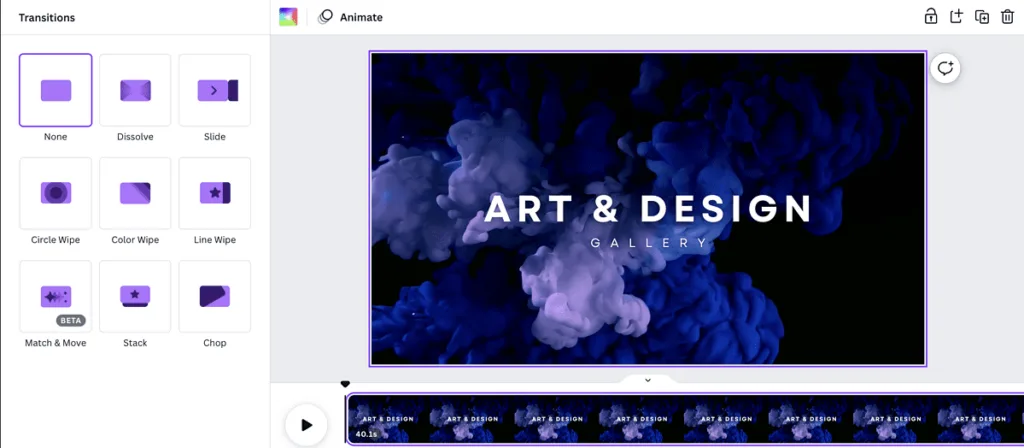 Screenshot of Transitions in Canva