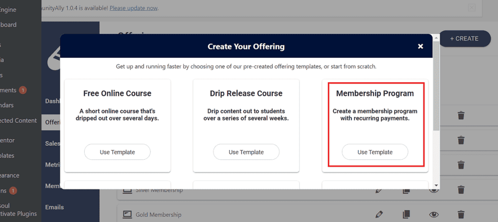 Choose the membership template in AccessAlly.