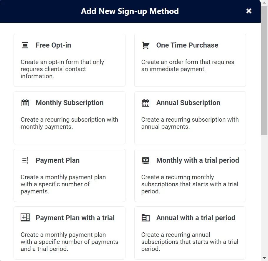 accessally-add-a-sign-up-method-and-select-a-free-opt-in-form-or-paid-order-form - AccessAlly Add a sign-up method and select a free opt-in form or paid order form with AccessAlly.
