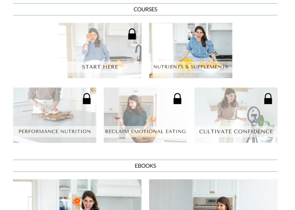 Dance Nutrition's cross-selling dashboard with courses and e-books - AccessAlly Dance Nutrition's cross-selling dashboard with courses and e-books