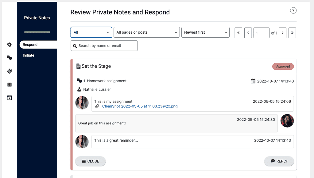 Inside AccessAlly, Admins can easily respond to Private Notes all in one place
