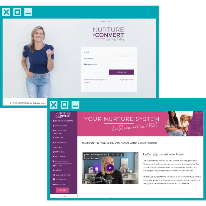 Case-study-nurture-dana - AccessAlly Two screenshots of the login page and nurture system page