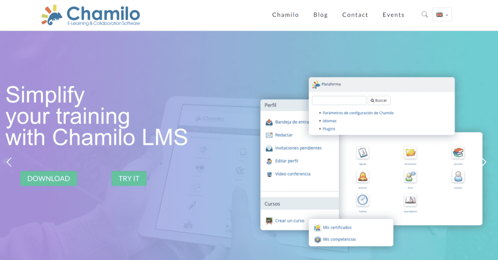 Screen shot of Chamilo website as one of the types of lms