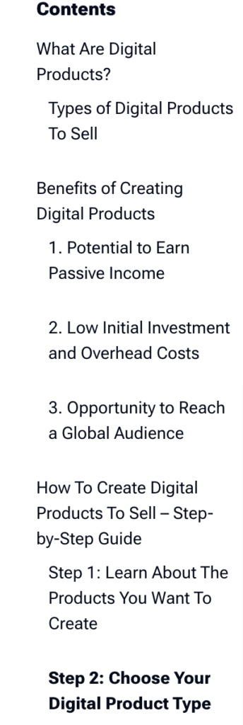 how to create digital products like ebook  table of content example for creating 