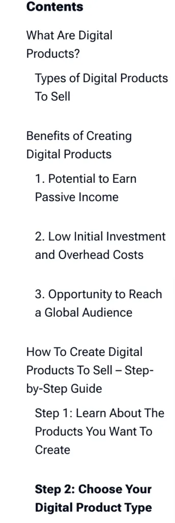 how to create digital products like ebook  table of content example for creating 